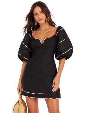 NWT Farm Rio Black Colored Stripes Linen Mini Dress M MSRP $250